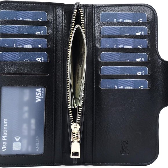 Black women's RFID blocking PU leather trifold wallet with ID window and multipl - Picture 7 of 8